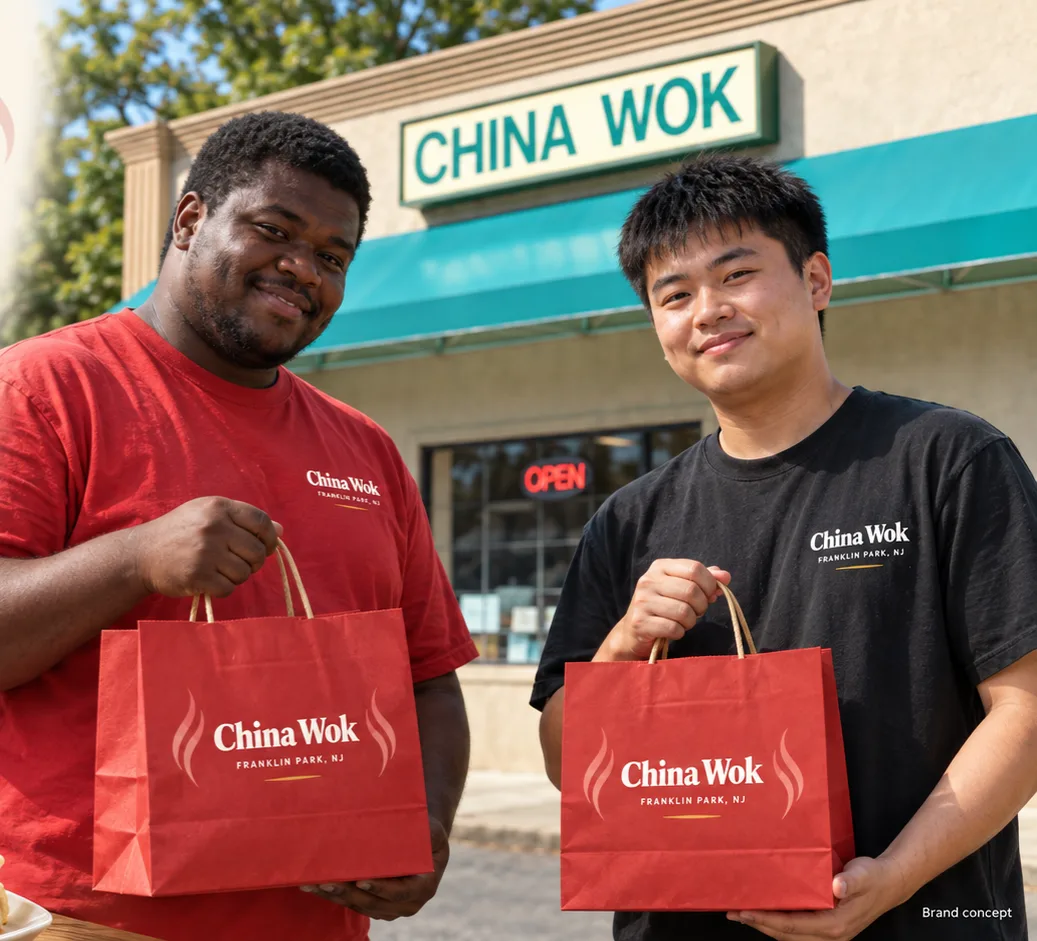 The China Wok team outside the restaurant in Franklin Park, holding takeout bags