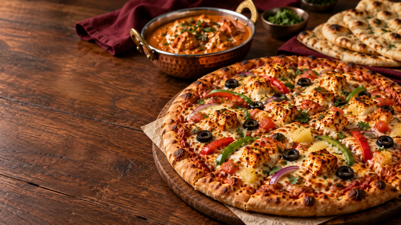 Paneer tikka pizza on a wooden board beside a copper bowl of butter chicken and naan