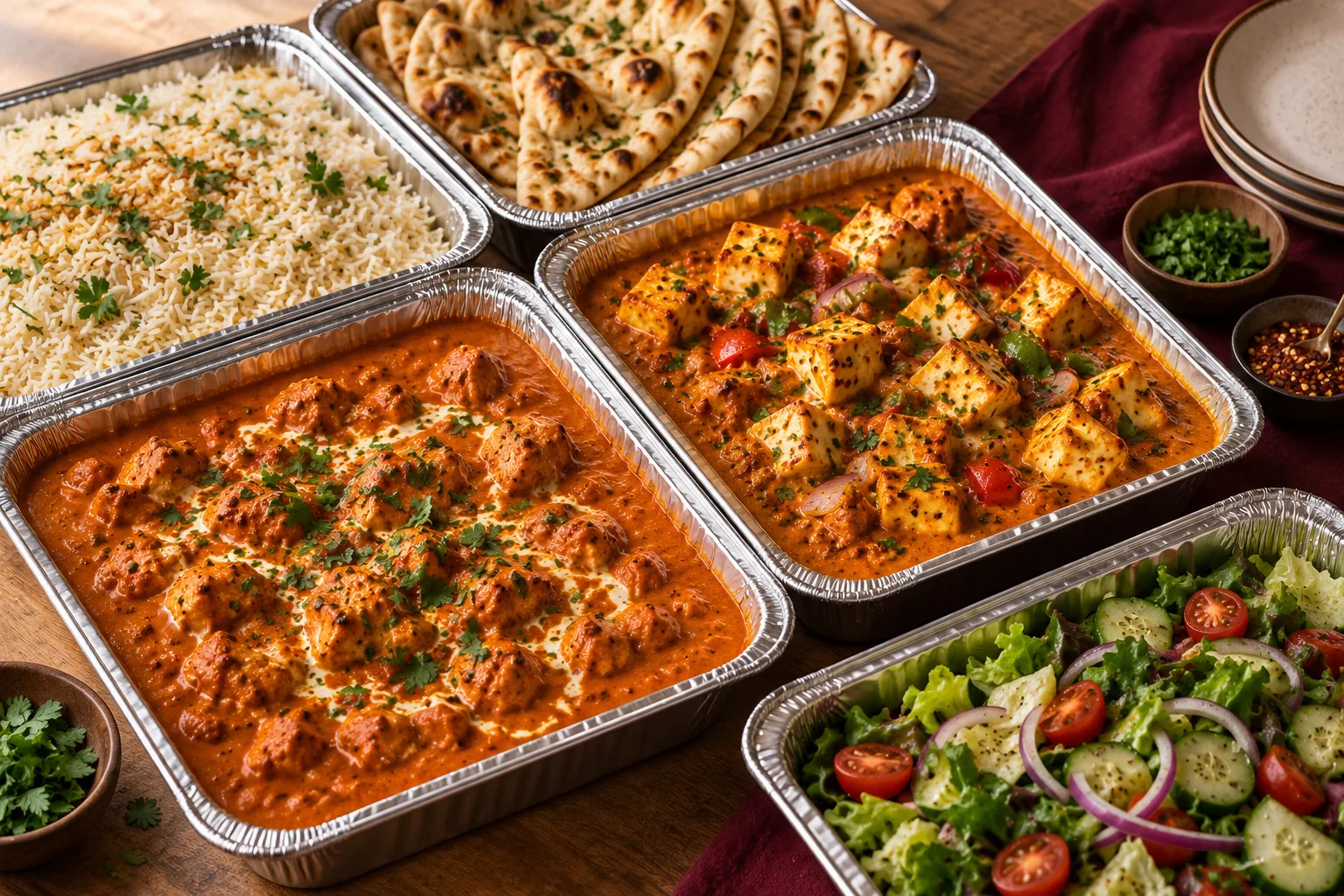 Catering trays of butter chicken, paneer tikka, rice, naan and salad on a wooden table