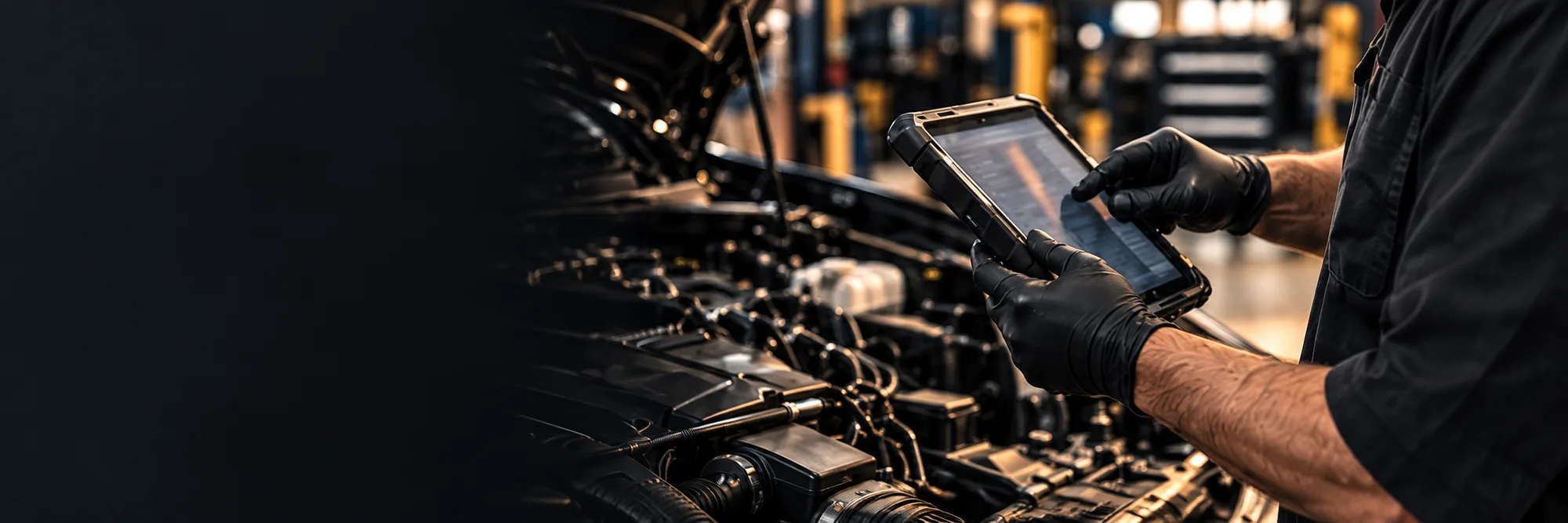 Technician using a diagnostic tablet at an open engine bay