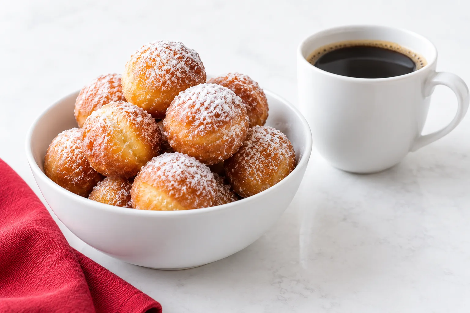 Sugar-dusted doughnut holes in a bowl beside a cup of coffee