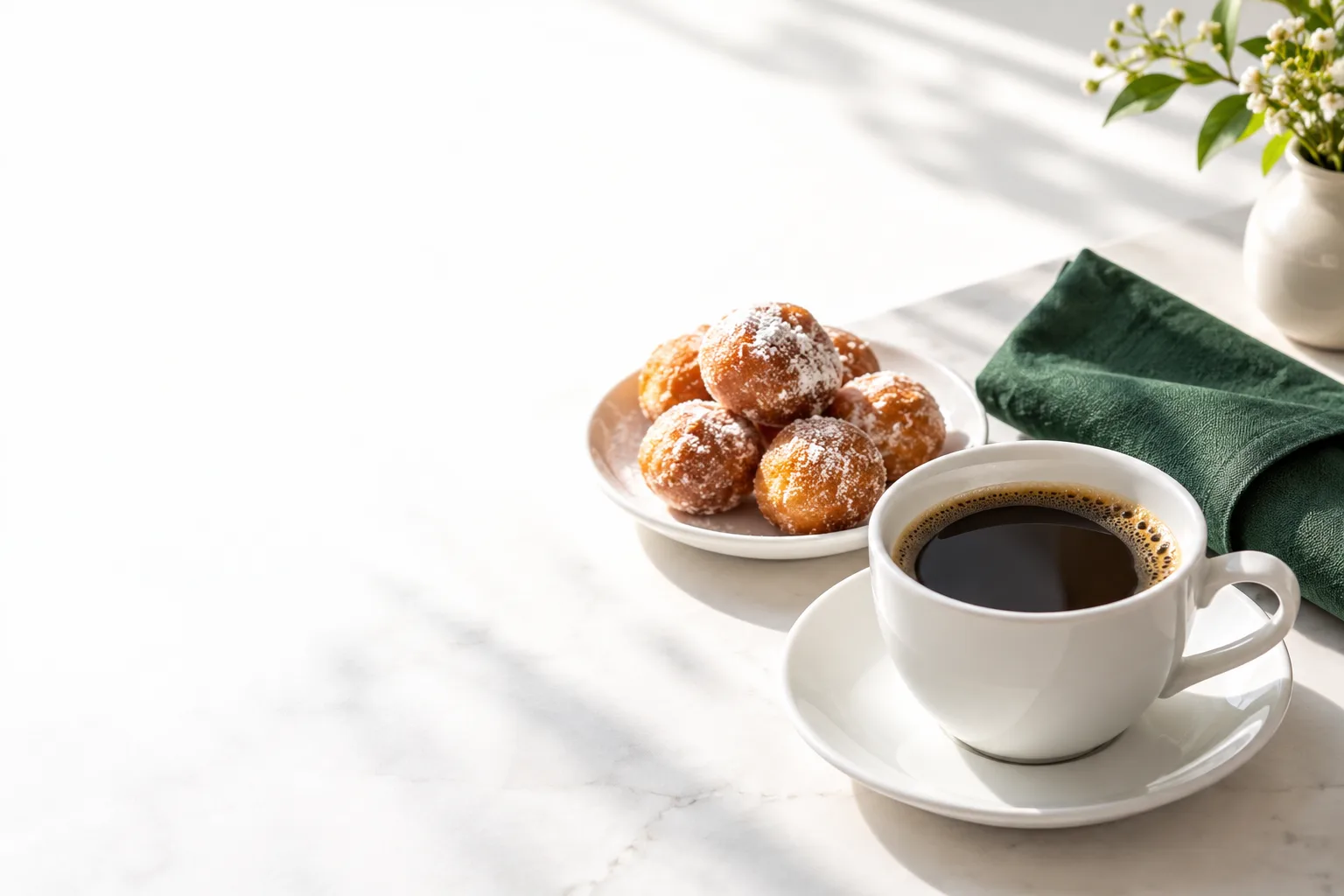 Doughnut holes on a plate with a cup of coffee