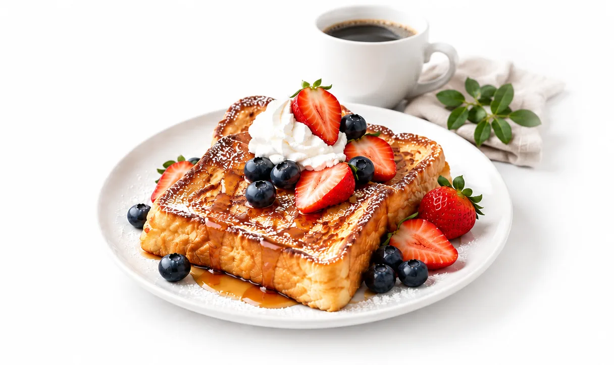 French toast with strawberries, blueberries and whipped cream beside a cup of black coffee
