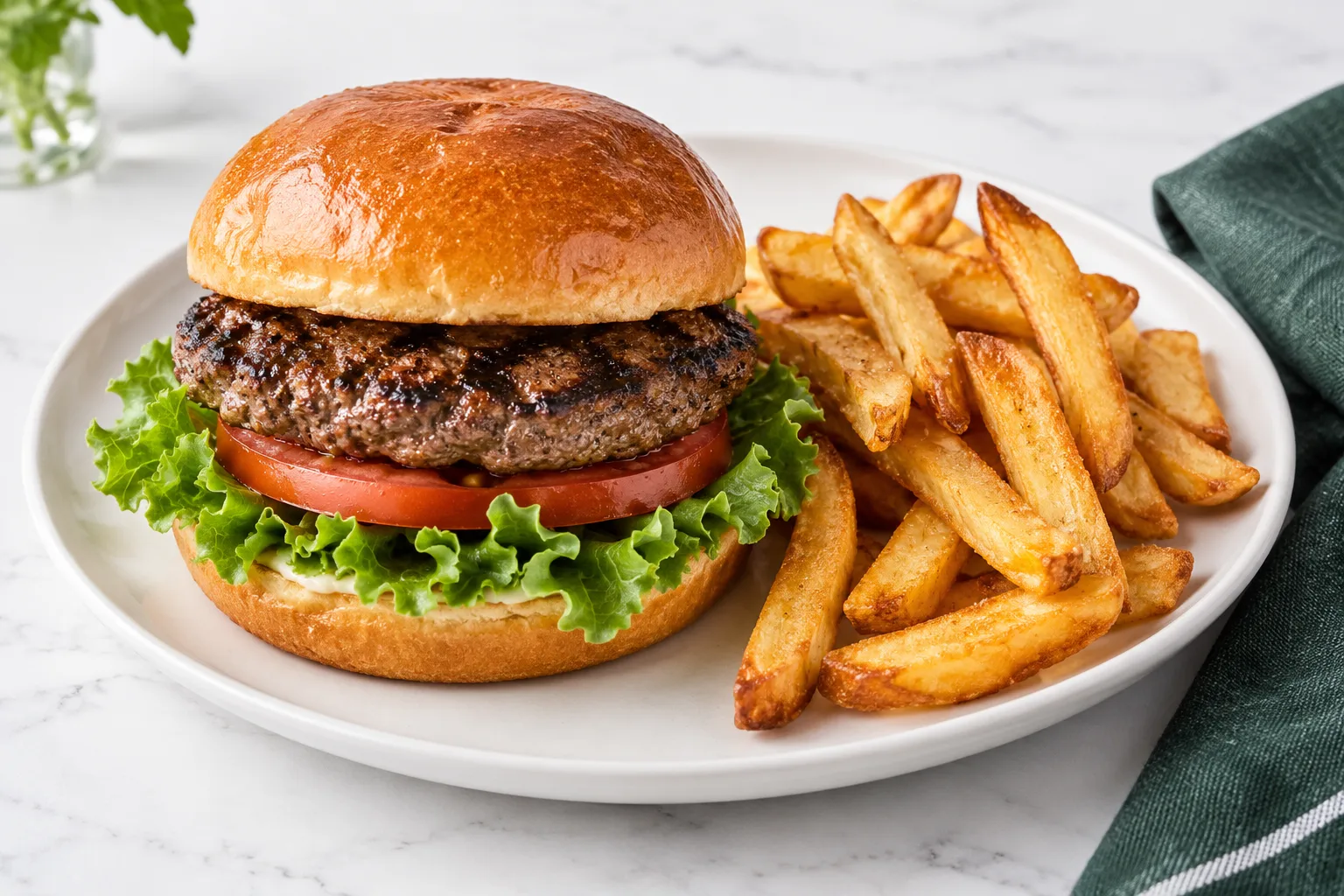 Hamburger with lettuce and tomato served with french fries