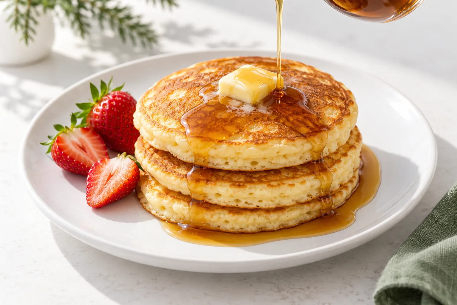Stack of pancakes with butter and syrup