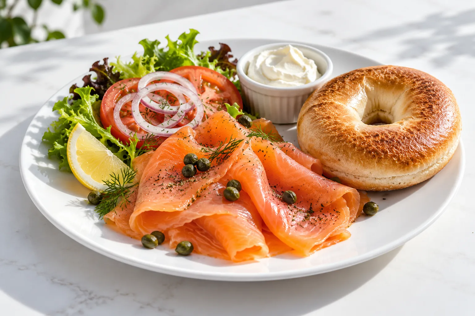 Plate of smoked salmon with a bagel, cream cheese and capers