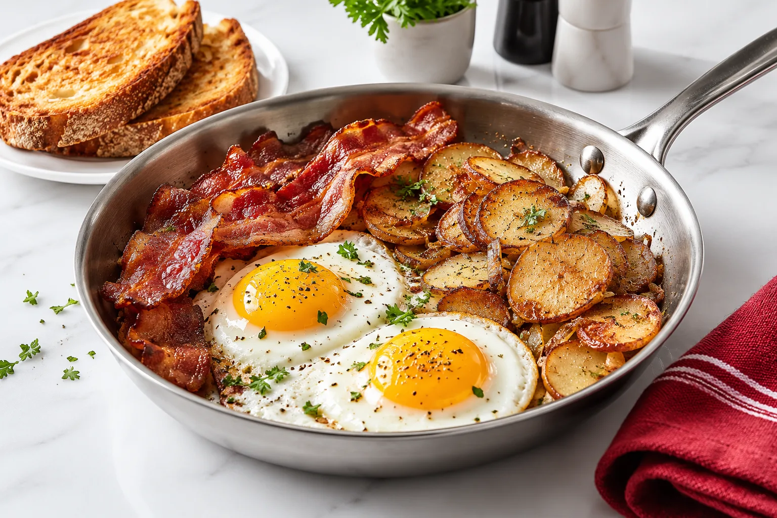 Skillet of fried eggs, bacon and potatoes with toast