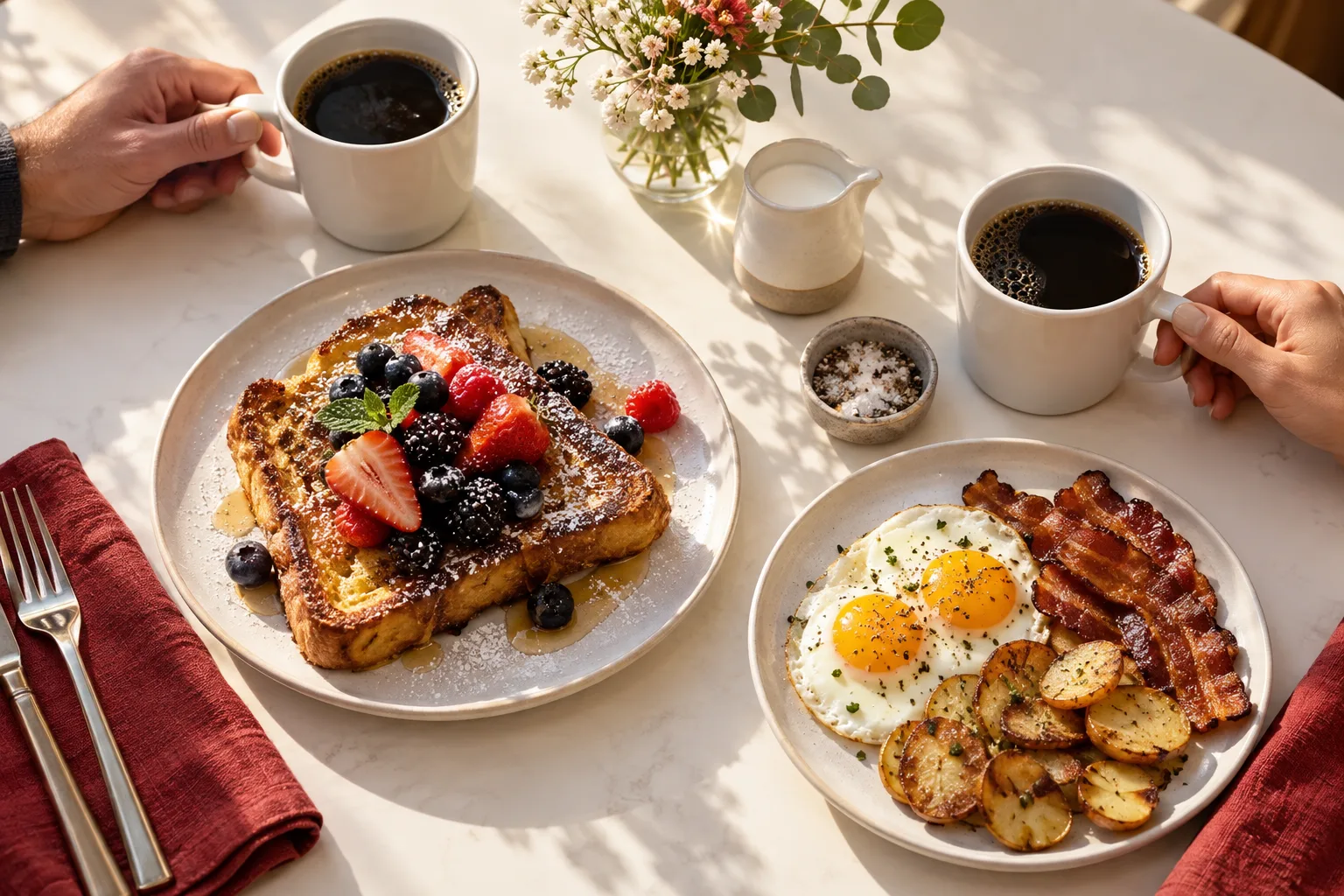 Two breakfast plates, coffee cups and cutlery on a table