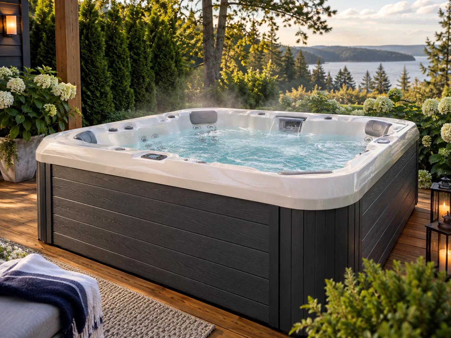 Hot tub on a deck at dusk