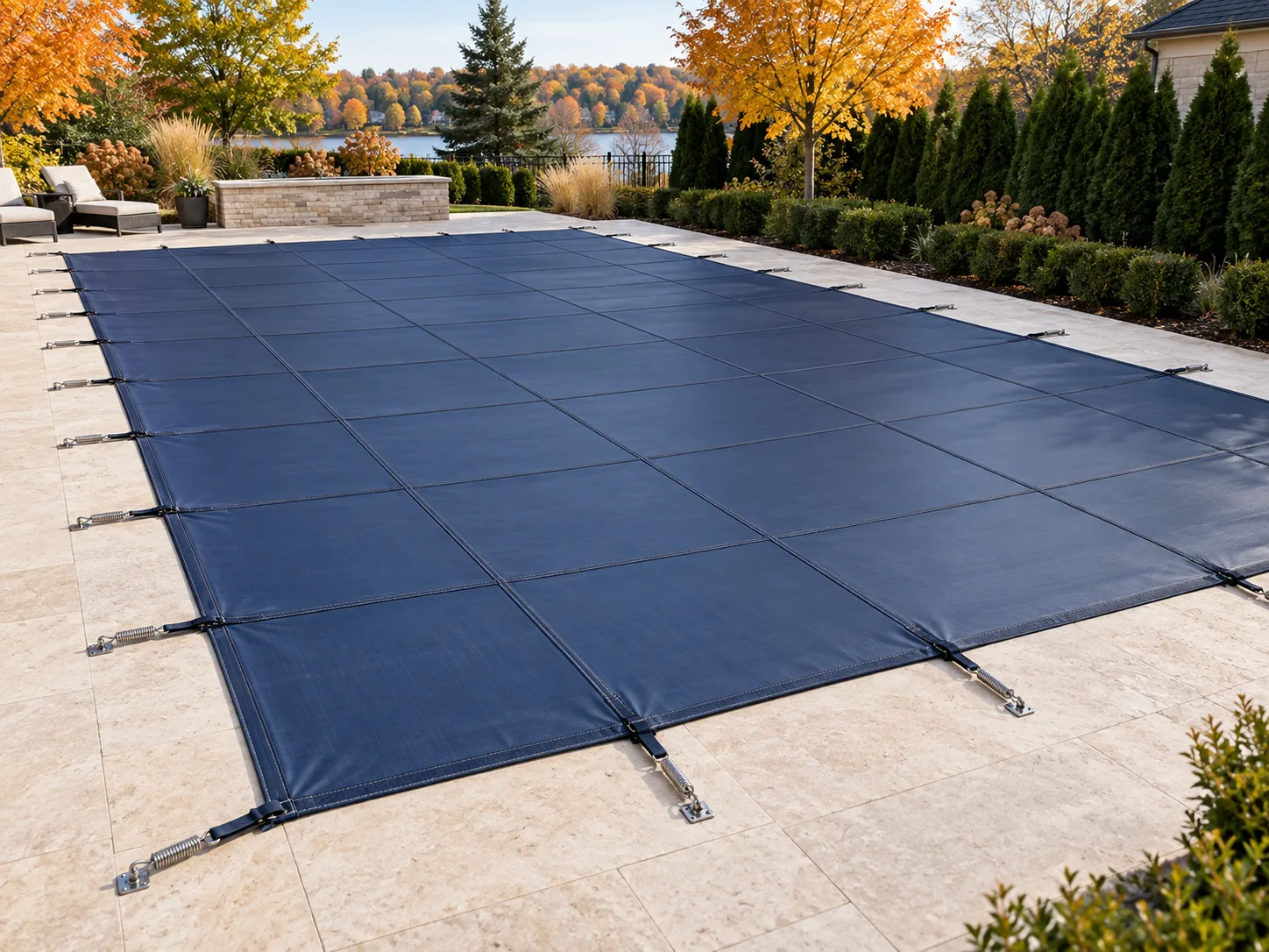 Pool closed for winter with a safety cover