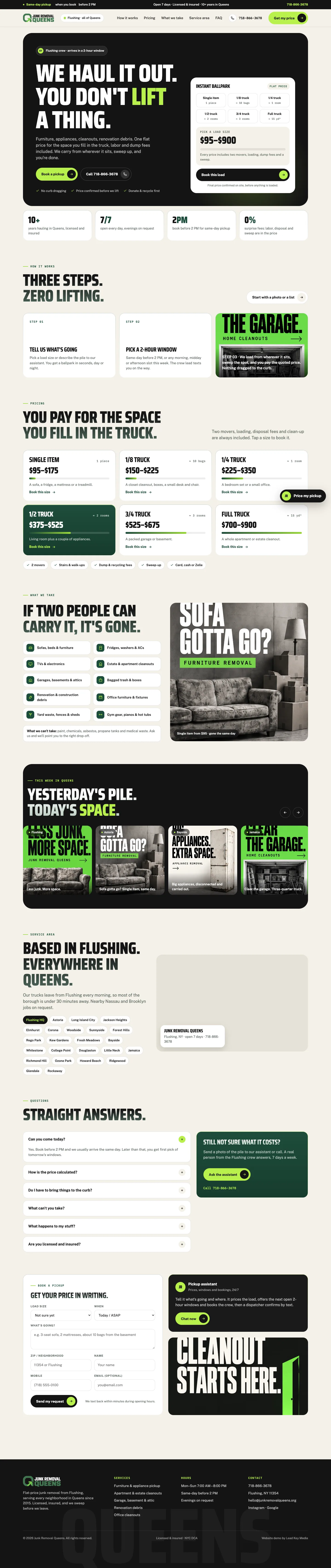 Junk Removal Queens — flat prices on the page and a pickup booked in two minutes — after
